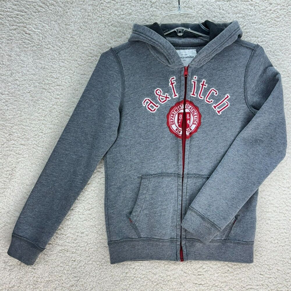 Abercrombie & Fitch Hooded Sweatshirt Kids 13/14 Gray Zip Up Pockets Embroidered